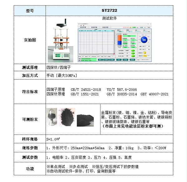 ST2722半自动功能涂层粉末电阻率测试仪-参数