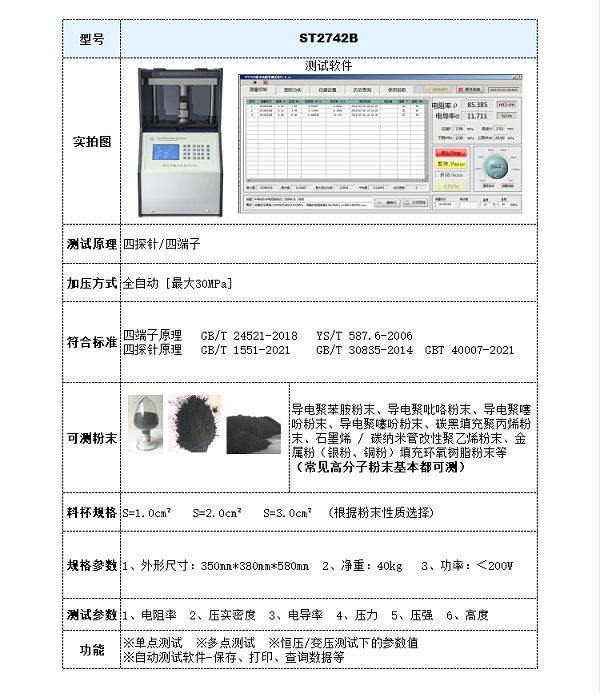 ST2742B全自动高分子粉末电阻率压实密度测试仪-参数