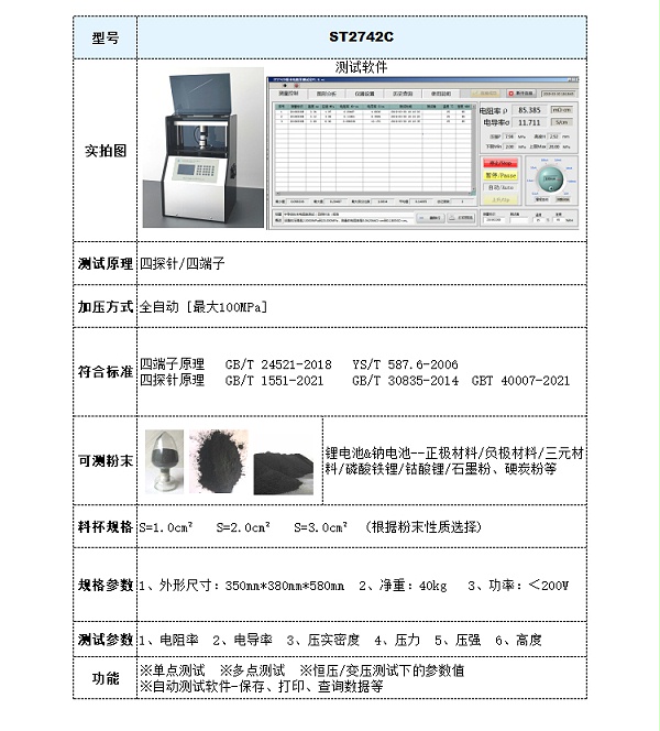 选型参数表-锂电池粉末电阻率测试仪-ST2742C