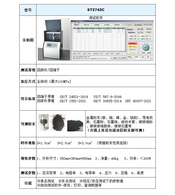 ST2742C自动功能涂层粉末压实密度测试仪-参数