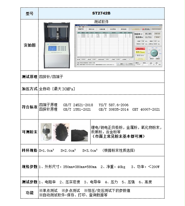 ST2742B全自动粉末电阻率压实密度测试仪-参数