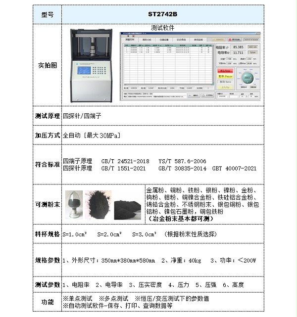 选型参数表-冶金粉末电阻率测试仪-ST2742B